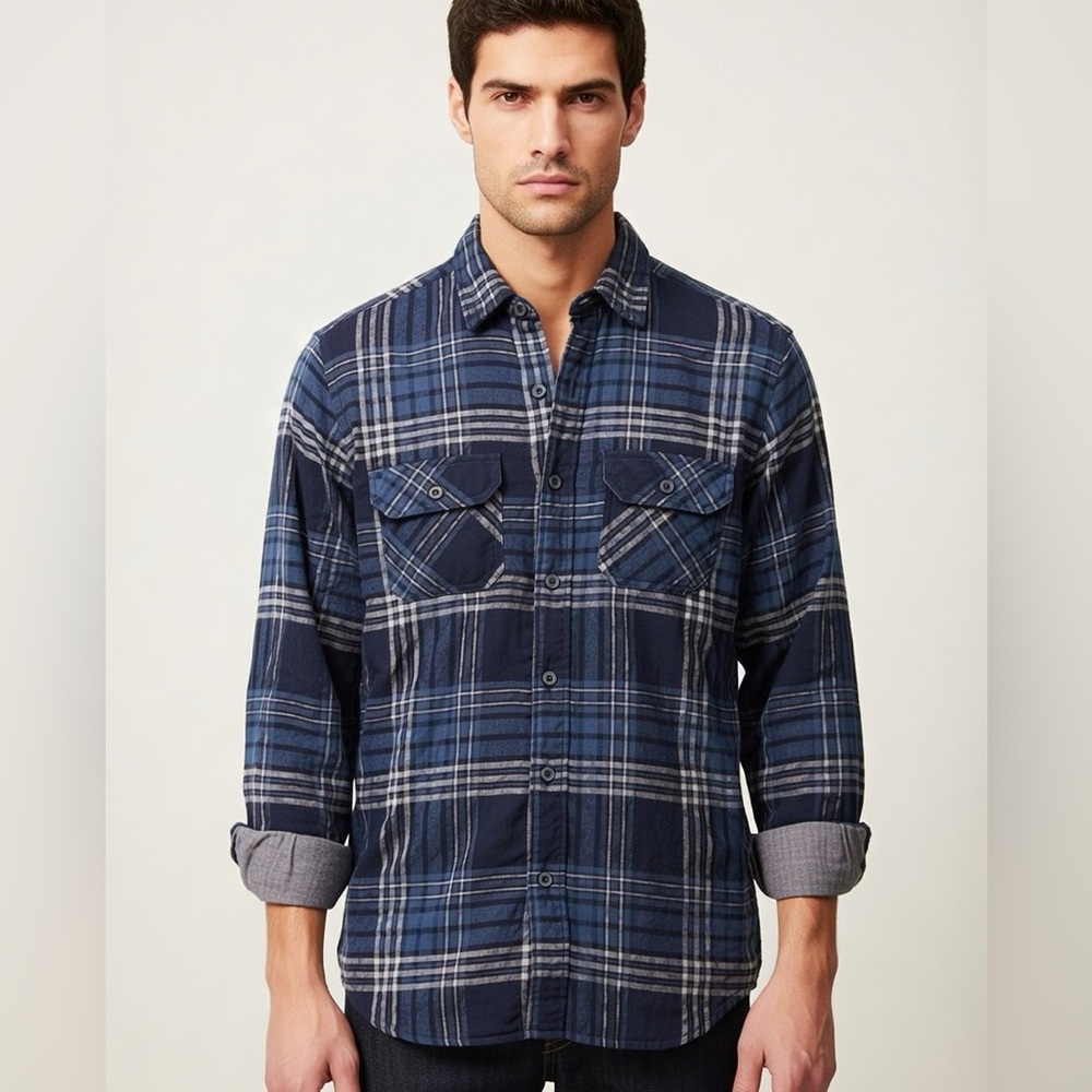 ZARA MAN 1975 Navy Blue Mens Plaid Denim Flannel Button Down Long Sleeve Shirt